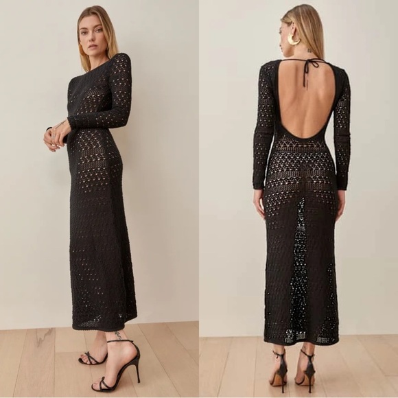 NWT Reformation Castello Open Knit Crochet Long Sleeve Low Back Midi Dress Black - Picture 1 of 15